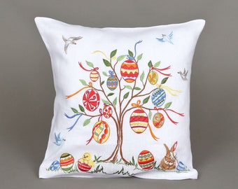 Pillowcase decorative, white linen, color embroidery. Easter decorations. Size 40*40 cm.