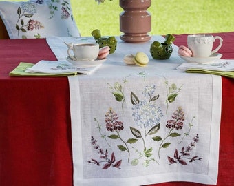 Embroidered linen table runner Hydrangea. White linen with color embroidery. Table linens, table decor. Size 136x40 cm. White fabric.