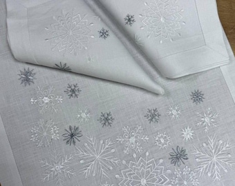 Christmas Table Linens Collection: Snowflakes. Embroidered Linen Napkins, Table Runner, Small Table Cover. Natural linen.