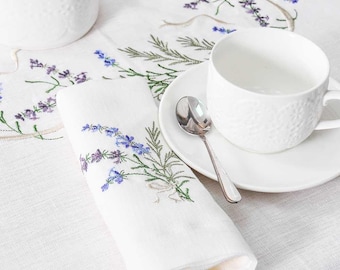 Embroidered Lavender Linen Table Linens: Napkins, Runner, Centerpiece, Square, Rectangular and Round Tablecloth