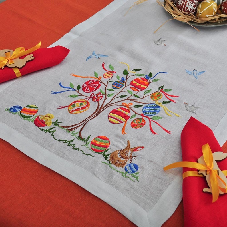 Embroidered linen Easter table runner. Easter decorations. Size 136x40 cm. White fabric. image 3