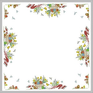May include: A white tablecloth with a decorative Easter border. The border features a basket filled with colorful eggs, yellow daffodils, and a red ribbon. The border is repeated on all four sides of the tablecloth.
