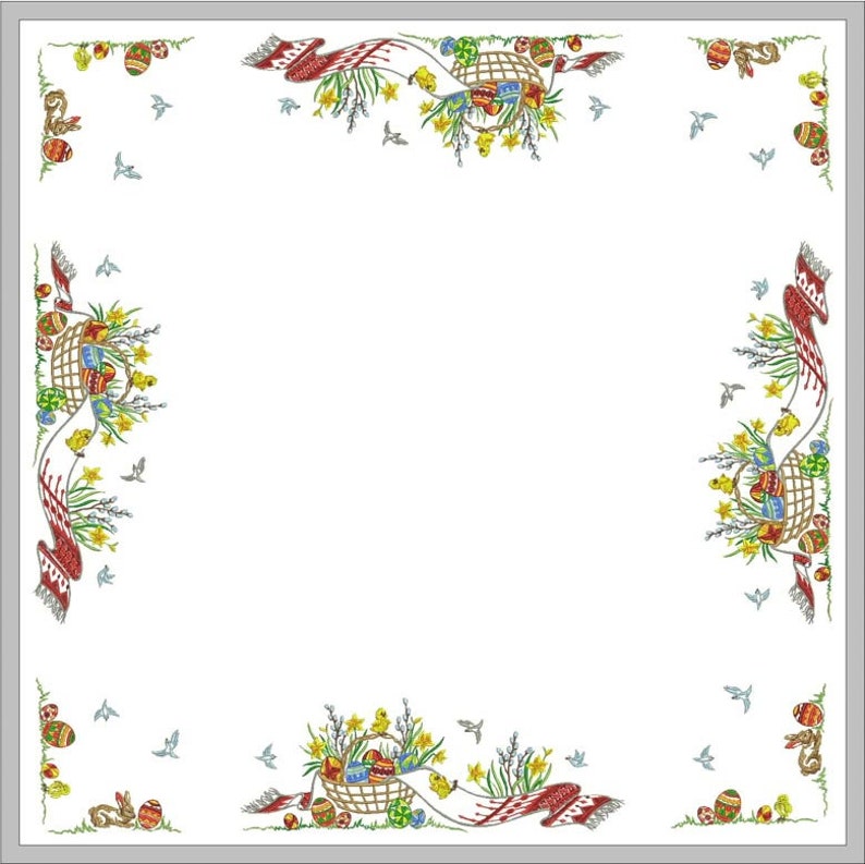 May include: A white tablecloth with a decorative Easter border. The border features a basket filled with colorful eggs, yellow daffodils, and a red ribbon. The border is repeated on all four sides of the tablecloth.