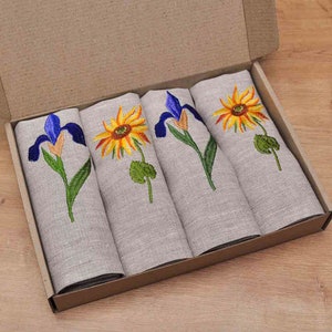 Embroidered Linen Napkins: Sunflower & Iris Table Decor (Set of 4)