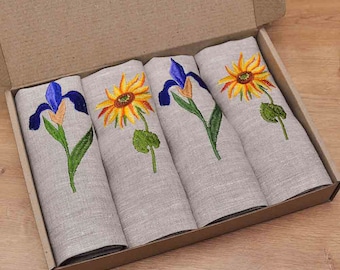 Embroidered Linen Napkins: Sunflower & Iris Table Decor (Set of 4)