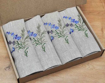 Set of Embroidered linen clothnapkins. Embroidered Lavender. Table linens, table decor. Size 40х40 cm. Grey fabric.