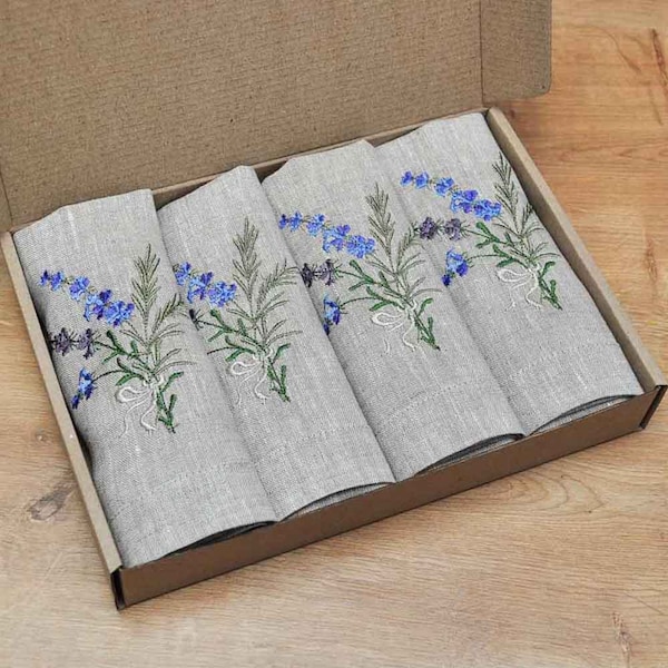 Set of Embroidered linen clothnapkins. Embroidered Lavender. Table linens, table decor. Size 40х40 cm. Grey fabric.