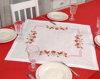 64x64 cm embroidered linen table topper. Ukrainian Embroidered Tablecloth. Gift for wife, Gift for mother. White fabric with embroidery.