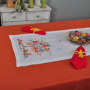 Embroidered linen Easter table runner. Easter decorations. Size 136x40 cm. White fabric. image 2