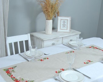 140x40cm embroidered table runner. Guelder-rose, Viburnum. Tablecloth decor. Gift for mother. For her.