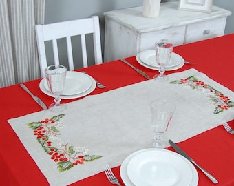 90x40cm embroidered table runner. Guelder-rose, Viburnum. Tablecloth decor. Gift for mother. For her.