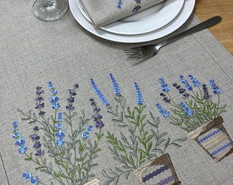 Embroidered Lines: Lavender Table Decor. Napkins, table runner, round and rectangle tablecloth, small centerpiece