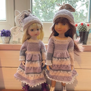 Tutorial/modello vestito ai ferri, cappello per bambole Siblies 30 cm e Li'l Dreamer di Dianna Effner 28 cm