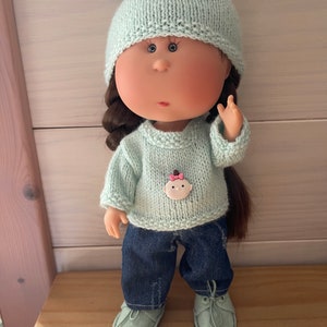 Tutorial/patrón de tejido muñeca Mia de Nines d&#39;Onil 30 cm, gorro jersey