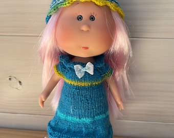 Tutoriel/patron tricot poupées Little Mia Nines d'Onil 23 cm, robe et son bonnet, français et anglais