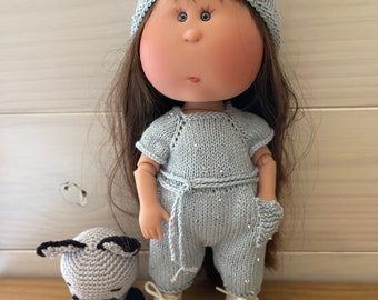 Tutorial/knitting pattern for Mia Nines d'Onil doll 30 cm, jumpsuit and its French and English hat