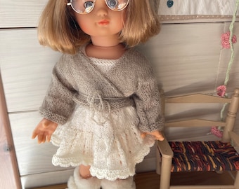 Tutorial/knitting pattern for Emilie dolls from PetitCollin 39 cm, dress and heart wrap, French and English