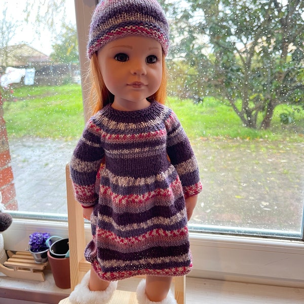 Tutorial/knitting pattern for 50 cm Gotz dolls, dress and hat, French and English