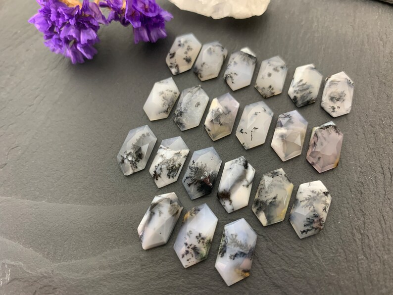 May include: A collection of 15 white and black dendritic agate cabochons, each with a unique pattern of black dendrites. The cabochons are shaped like elongated hexagons and are arranged in a loose pattern on a gray surface.