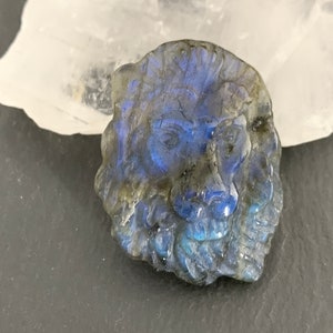 May include: A carved labradorite lion head pendant with iridescent blue and green colors.