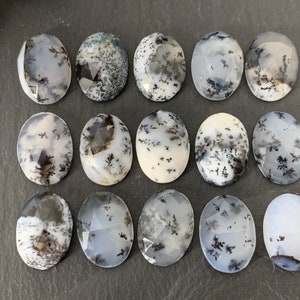 Op de afbeelding: Vijftien ovale dendritische agaat cabochons met een wit en zwart patroon. De cabochons zijn glad en gepolijst.