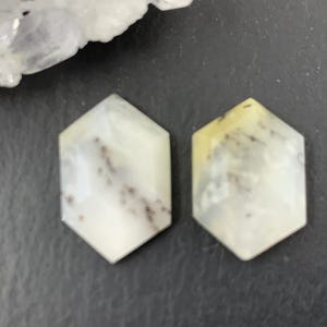 May include: Two hexagonal, off-white gemstones with gray and brown inclusions. The stones are set against a dark background, with a piece of clear quartz in the upper left corner. The gemstones have a polished, smooth surface.