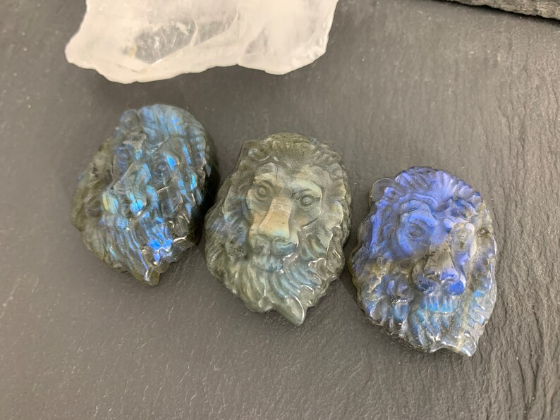 May include: Three carved labradorite lion head sculptures. The sculptures are a dark blue-grey color with iridescent flashes of blue and green.