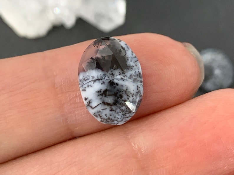 Op de afbeelding: Een witte en zwarte dendritische agaat cabochon met een gefacetteerde ovale vorm. De steen heeft een natuurlijk, organisch patroon van zwarte dendrieten op een witte achtergrond.
