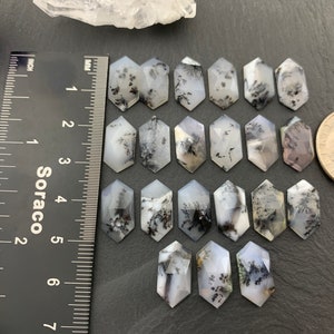 May include: A collection of 15 white and black dendritic agate cabochons, each measuring approximately 1 inch in length. The cabochons are arranged in rows on a gray surface, with a ruler and a US quarter for scale.