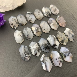 May include: A collection of 18 white and black dendritic agate cabochons in a hexagonal shape. The cabochons are arranged in rows on a dark gray surface.