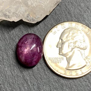 Op de afbeelding: Een gepolijste, ovaalvormige, diep magenta edelsteen naast een Amerikaanse kwart dollar munt. De edelsteen heeft een glad, reflecterend oppervlak met interne insluitsels. De munt toont het profiel van George Washington en het jaar 2021.