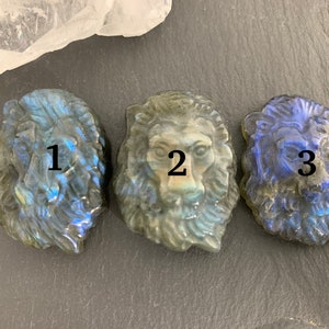 May include: Three carved labradorite lion head pendants, each with a different expression. The pendants are numbered 1, 2, and 3.