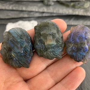 May include: Three carved labradorite stone lion head pendants. The pendants are dark blue and green with iridescent shimmer.