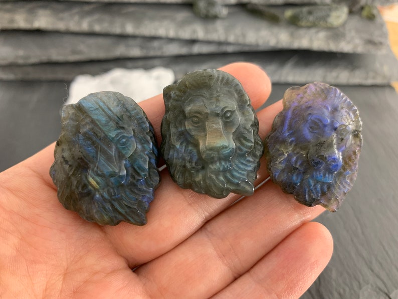 May include: Three carved labradorite stone lion head pendants. The pendants are dark blue and green with iridescent shimmer.
