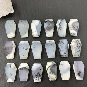 May include: A collection of coffin-shaped gemstones in shades of white, gray, and black. The stones have unique patterns and textures, with some featuring dendritic inclusions. The gemstones are arranged on a dark surface.