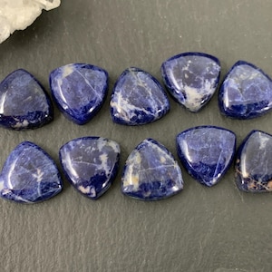 Puede incluir: Diez piedras preciosas de sodalita pulida, cada una con forma triangular y bordes redondeados. Las piedras son de color azul oscuro con vetas blancas y grises. Están dispuestas sobre una superficie gris oscuro.