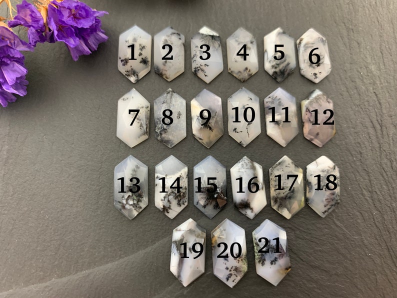 May include: Twenty-one hexagonal cabochons of dendritic agate, numbered 1 through 21. The stones are white with black dendritic patterns.