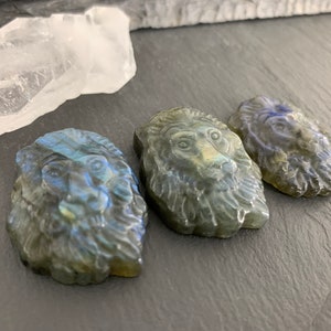 May include: Three carved labradorite lion head pendants. The pendants are a dark gray color with iridescent blue and green flashes.