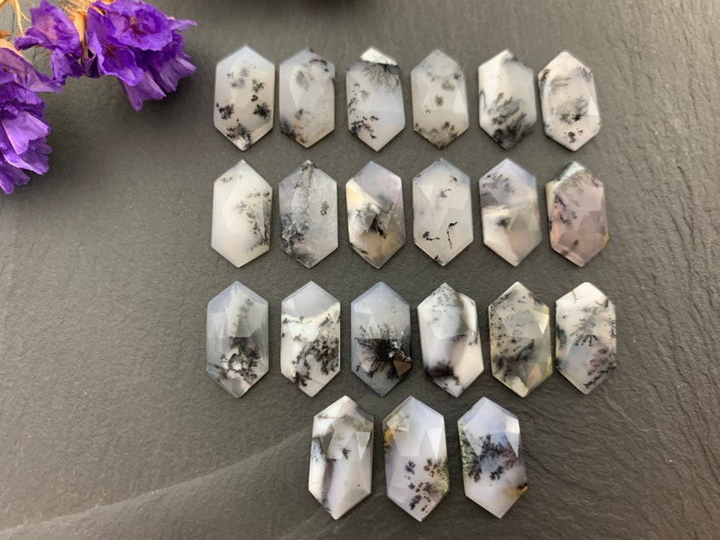 May include: A collection of 18 white and black dendritic agate cabochons, each cut in a hexagonal shape. The stones have a natural, organic pattern of black dendrites on a white background.