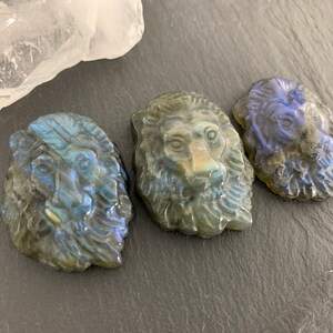 May include: Three carved labradorite lion head pendants. The pendants are a dark gray color with iridescent blue and green hues.