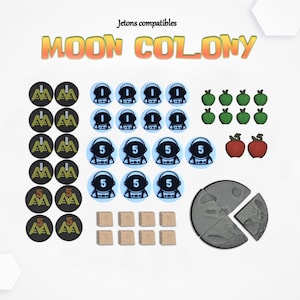 Peut inclure: Ensemble de jetons de jeu pour "Moon Colony". Comprend des jetons circulaires avec des graphiques d'astronaute et de chiffres, des jetons de pommes vertes et rouges, des cubes en bois et un jeton en forme de lune grise. Le texte "Jetons compatibles" et "MOON COLONY" sont visibles.