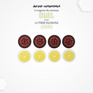 Peut inclure: Huit jetons de jeu, quatre rouges et quatre jaunes, avec des motifs circulaires. Les jetons rouges ont un emblème en forme de roue, tandis que les jetons jaunes présentent une feuille stylisée. Le texte indique "Jetons compatibles" et "Le seigneur des anneaux".