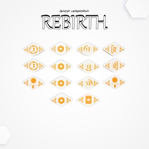 Pode incluir: Fichas de jogo brancas e laranja com a palavra "REBIRTH" no topo. As fichas apresentam números e símbolos, como "3", "13" e "2". O design é geométrico e moderno, com uma estética limpa e minimalista.