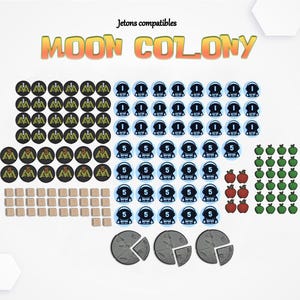May include: A collection of game tokens for "Moon Colony". Includes circular tokens with astronaut and number graphics, wooden cubes, and apple-shaped tokens. The title "MOON COLONY" is displayed in orange and yellow.