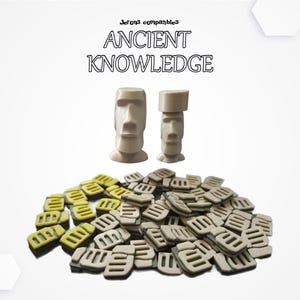 May include: Two off-white Moai statues and a pile of game pieces. The game pieces are in two colors: light green and gray. The text "ANCIENT KNOWLEDGE" is displayed above the statues.