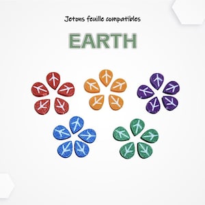 Könnte beinhalten: Blattförmige Spielsteine in Rot, Orange, Lila, Blau und Grün, angeordnet in blütenartigen Clustern. Über den Spielsteinen steht das Wort "EARTH". Die Spielsteine haben eine glitzernde Textur und ein weißes Blattdesign.