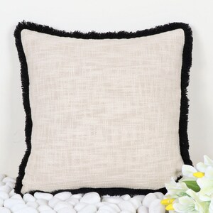 Linen Pillow Cover - Black Border Pillowcase - Neutral Home Decor - Black Fringe Textured - luxury Farmhouse Decor