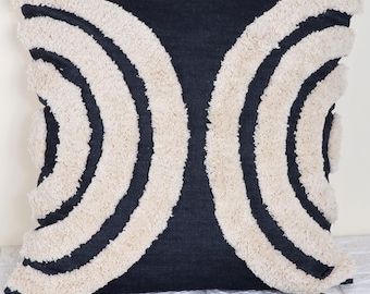 Denim getuft boho kussenhoes/handgeweven sierkussen met textuur/ivoor getuft woonkamerdecor/abstracte kussensloop