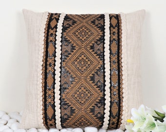 Brown & Ivory Throw Pillow Cover | Handmade Soft Cotton Cushion | Embroidered Bohemian Home Decor | Neutral Pillowcase