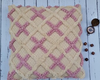 Ivory & Pink Tufted Cushion | Handmade Knit Pillow Cover | Crochet Throw Pillow